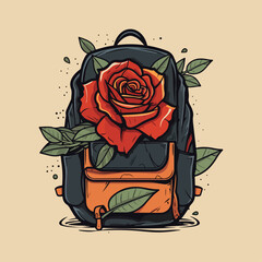 bouquet of roses in a backpack vintage concept style