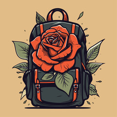 oldschool red rose on a school backpack vector graphic illustration 