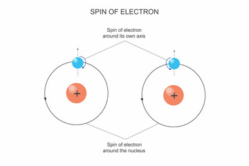 The spin of an electron is an intrinsic property, akin to its rotation, contributing to its magnetic moment, crucial in quantum mechanics. Chemistry atomic structure illustration. - obrazy, fototapety, plakaty