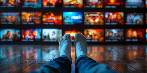 A Viewers Feet Propped Up Against a Vast Array of Streaming Options on Multiple Screens, Symbolizing the Era of Digital Entertainment, Generative AI - obrazy, fototapety, plakaty