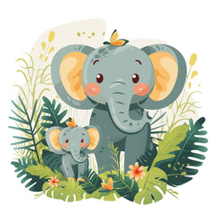 Obraz na płótnie Canvas Playful Cartoon Elephants in a Pink Safari: A Cute Wildlife Illustration with a Baby Elephant, Perfect for Nature and Animal Enthusiasts