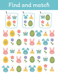Easter activity page for kids. Printable Easter worksheets with bunny, eggs, flowers. Matching game for kids.. Preschool kindergarten educational Montessori activity. Learning, early development game.