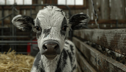 A curious young cow peers directly at the camera in a rustic wooden barn, straw bedding visible in the background.