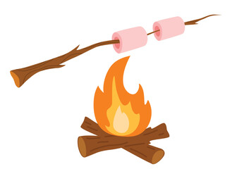 Marshmallows roast on campfire, bonfire camping with frying sweet food. Marshmallow on a stick. Vector Cartoon illustration isolated on the white background