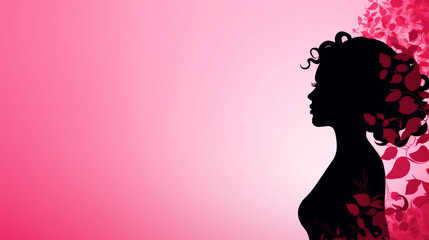 Woman silhouette with floral effect on pink isolated background - ai generative