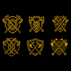 set of golden shield with sword ornamental knot Scandinavian axes viking