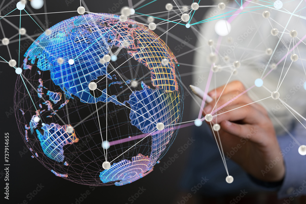 Poster global network. blockchain. 3d illustration. neural networks and artificial intelligence. abstract