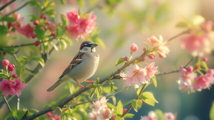 A captivating scene unfolds in a spring garden as sparrow birds rest gracefully on a tree branch adorned with colorful flowers