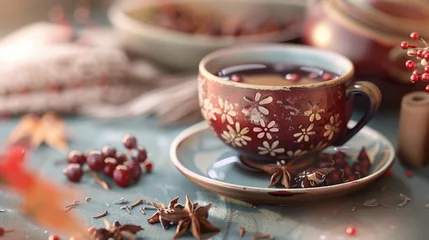 Keuken spatwand met foto Chinese tea decorated with starring anise, served with blackberry pudding, generative IA © usman