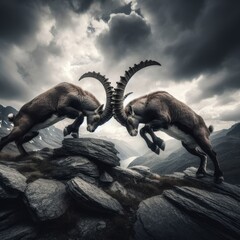 Two young alpine ibexes engage in a fierce battle on a rocky cliffside
