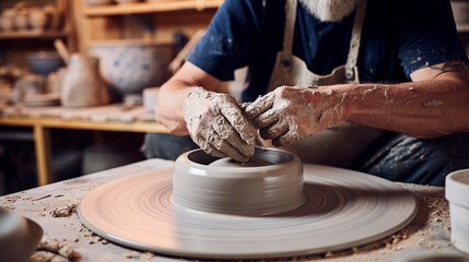 Local business: Potter's workshop. Man sitting in the middle of her workshop, smiling, working on ceramic pot