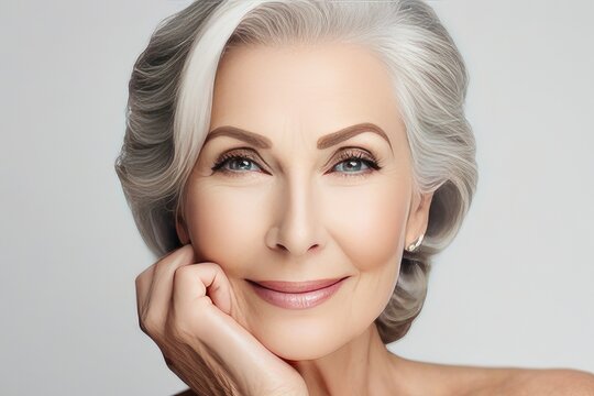 a high quality stock photograph of a beautiful 50s mid aged mature woman isolated on white background. skin care beauty, skincare cosmetics concept