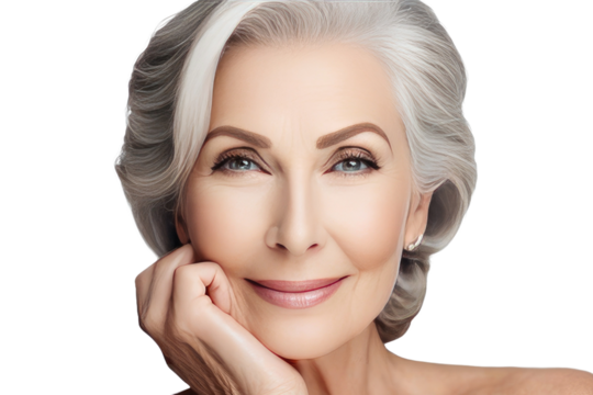 a high quality stock photograph of a beautiful 50s mid aged mature woman isolated on white background. skin care beauty, skincare cosmetics concept