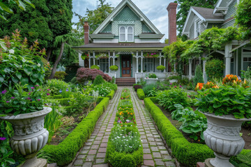 New luxury home with lush backyard, walkway to a ornate porch, many plants