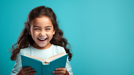 little girl smiling with book on blue background  back to school concept