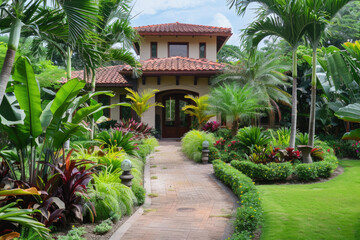 New luxury home with lush backyard, walkway to a ornate porch, many plants
