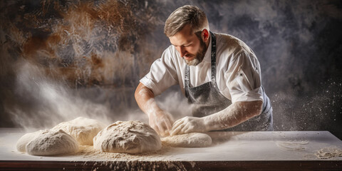 A baker bake a fresh bread with many ingresdietns around him.