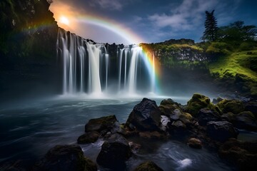 Moonbow arching gracefully over a waterfall, a rare and wondrous phenomenon.
 - obrazy, fototapety, plakaty