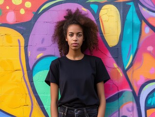 Portrait of an African American woman with long curly hair posing in front of graffiti wearing a mockup of a black dress. Woman wearing black clothes mockup. Created with Generative AI.