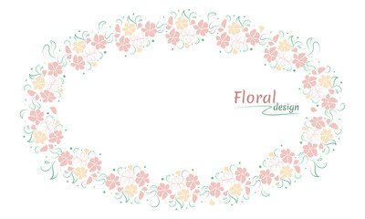 Spring summer oval shaped floral frame with copy space. Delicate pink and yellow flowers with green leaves. Vector illustration in flat style for card, photo, banner, invitation, congratulation, weddi