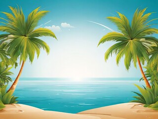 Fototapeta na wymiar Palm tree on tropical beach with white clouds abstract and blue sky Summer Vacation background , Generative Ai