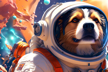 A dog wearing a space suit in space.
Generative AI