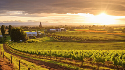 Sunset view over a lush vineyard with golden light bathing the landscape and farm buildings in the distance.