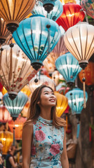 Beautiful asian woman with colorful paper lanterns in Chiang Mai, Thailand