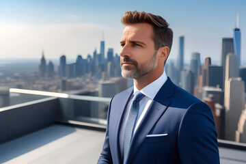 Fototapeta premium The Man in a Suit and Tie Standing on Top of a Building