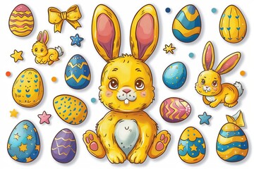 Happy Easter Eggs Basket orange liqueur. Bunny in Fresh flower Garden. Cute 3d chartreuse green easter rabbit illustration. Easter rose froth card wallpaper greeting card