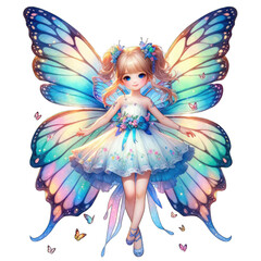 Fototapeta premium The illustration features a whimsical fairy girl with vibrant butterfly wings and a floral dress, inspiring imaginative flights.