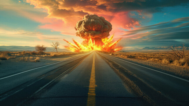 Conceptual image with big cloud of nuclear explosion on asphalt road.