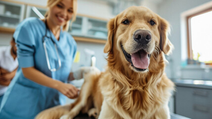Selective focus of happy veterinarian and golden retriever dog at vet clinic