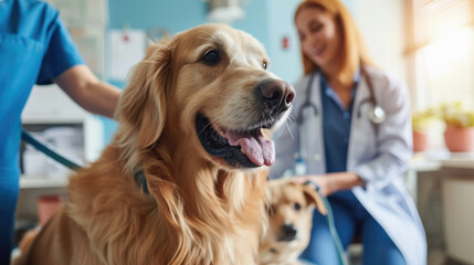 Portrait of smiling female veterinarian examining golden retriever dog in clinic.