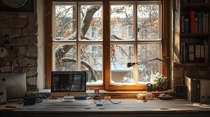 desk of free space and winter window