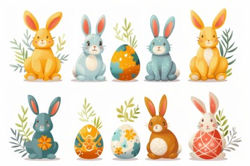 Happy Easter Eggs Basket easter eggs. Bunny in Architectural flower Garden. Cute 3d insignia easter rabbit illustration. Easter viburnums card wallpaper pine needle green