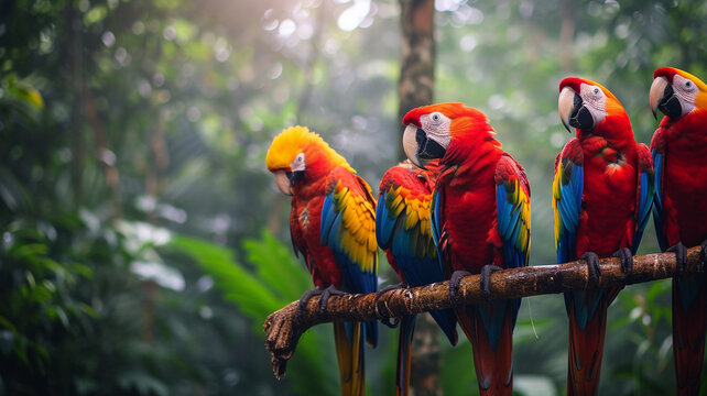 A group of colorful parrots in a rainforest setting