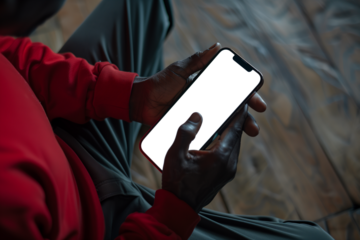 PNG. smartphone, screen in hands 40 year old man. gentleman, medium dark skin, interior, top view, mockup. transparent png