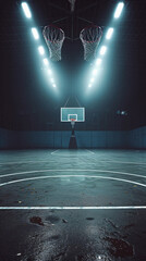 Basketball court with basketball hoop and lights.  Rendering