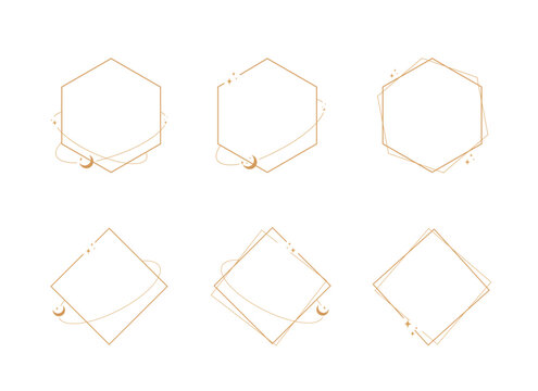 Modern minimalist aesthetic line elements, trendy linear frames with stars, geometric forms. Arch frame with sparkles for social media or poster design, simple decorative boho style border vector set