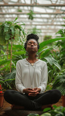 Young african american woman meditating in a green house .