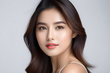 Fototapeta premium Woman With Long Dark Hair Wearing a White Top