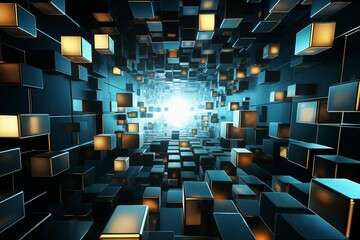 Fototapeta premium abstract dark mosaic background with many blue and golden block shapes and light effect, in the style of 3D rendering, digital art