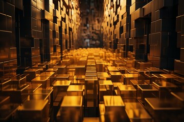 a very large room with many golden block shapes on the floor and walls, in the style of 3D rendering - obrazy, fototapety, plakaty
