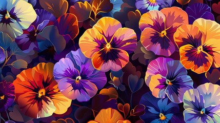 Flowering beautiful pansies in garden close-up. Summer natural banner with pansy flowers. 