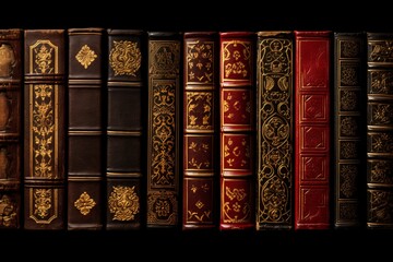 a row of books with gold embossed designs - obrazy, fototapety, plakaty