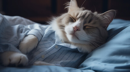 a cat is laying down in bed wearing a shirt, in the style of firmin baes, happycore, candid moments captured, uniformly staged images, light navy and light cyan, animated gifs