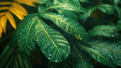 Fototapeta premium Close up of a tropical leaves with water drop