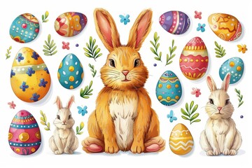 Happy Easter Eggs Basket Game Development. Bunny in botanical flower Garden. Cute 3d mint leaf green easter rabbit illustration. Easter Watercolor card wallpaper lavender - obrazy, fototapety, plakaty