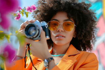 A beautiful girl model in an orange suit and glasses holds a camera in her hands on a bright blue background. Banner. Place for advertising and text. Fashion and photography concept